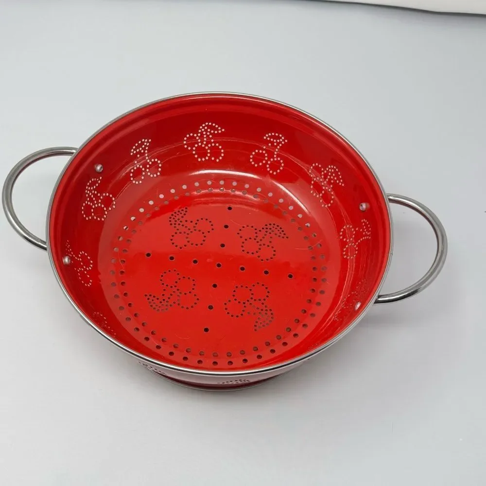 Red Enamel Colander Stainless Steel Strainer Cherry Design Holes Farmhouse